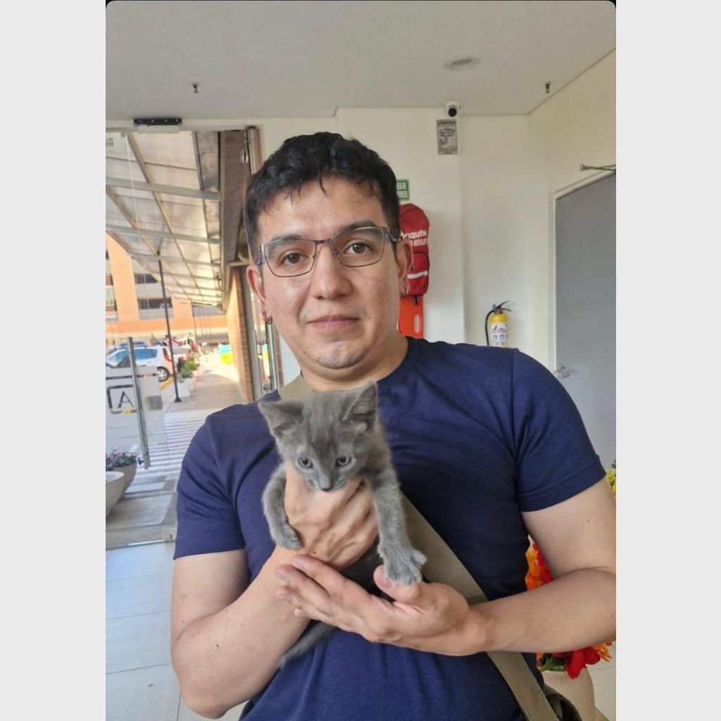 Andrés M. recibiendo su gato Ruso Azul en Medellín